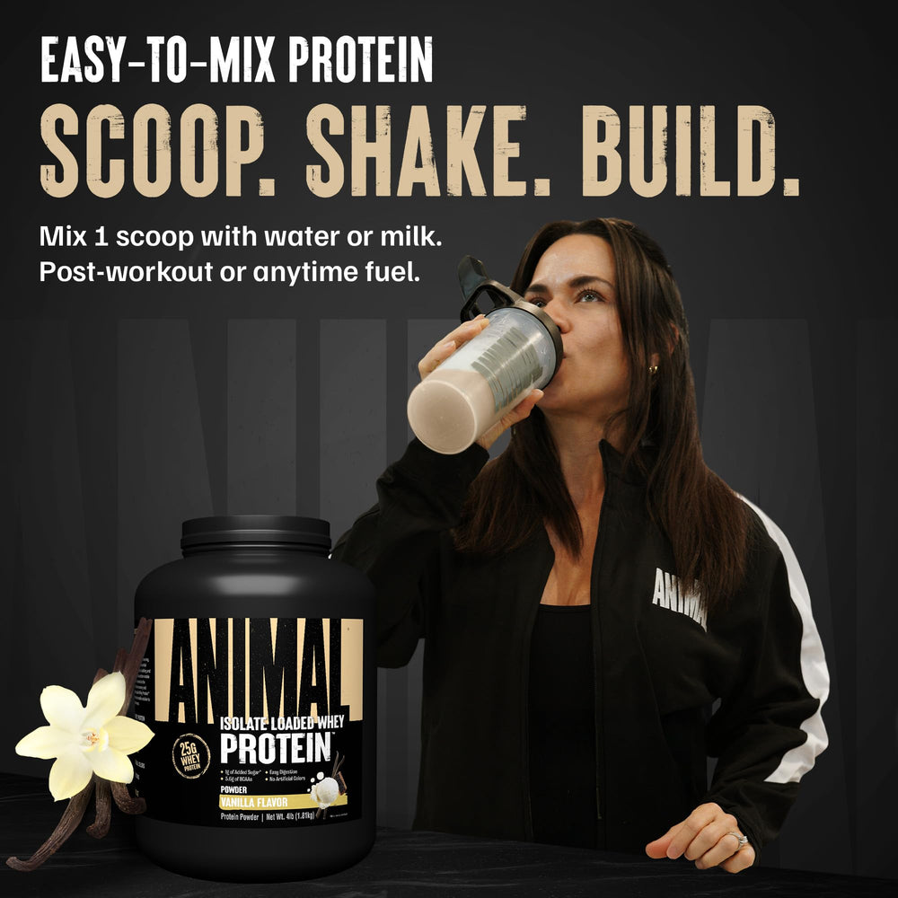 Animal Whey Isolate shaker with powder mix for quick pre-workout fueling.
