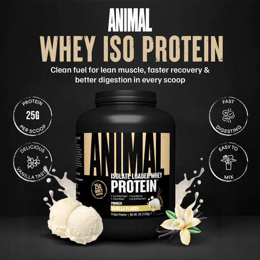 Animal Whey Isolate scoop in glass demonstrating fast-absorbing protein for workouts.