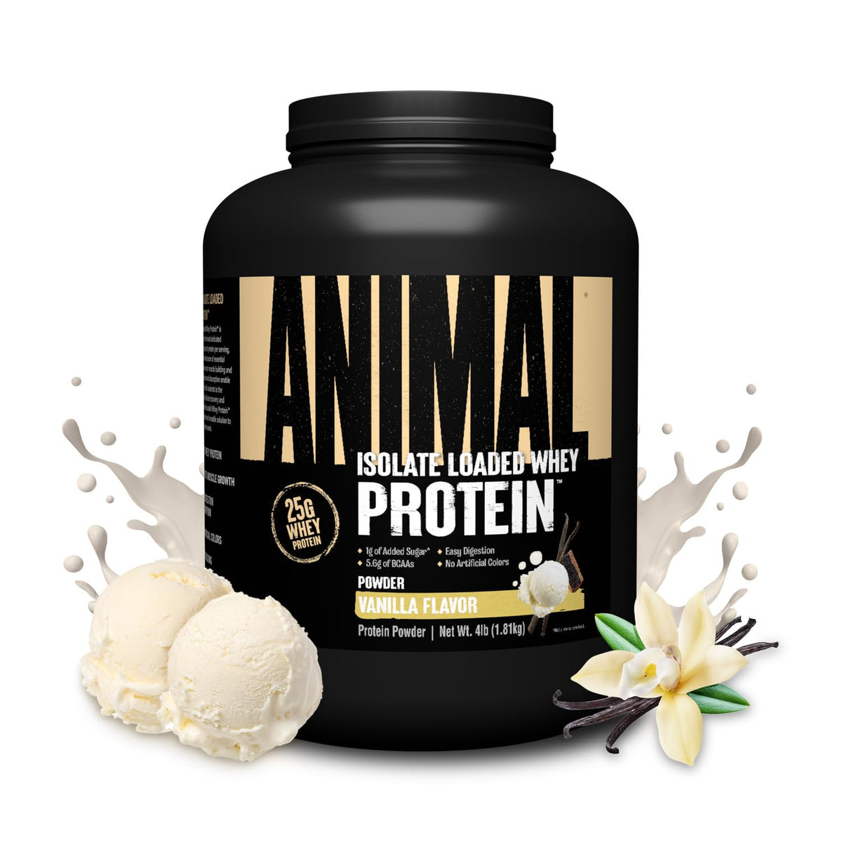 Animal Whey Isolate vanilla tub highlighting premium protein per serving for muscle support.