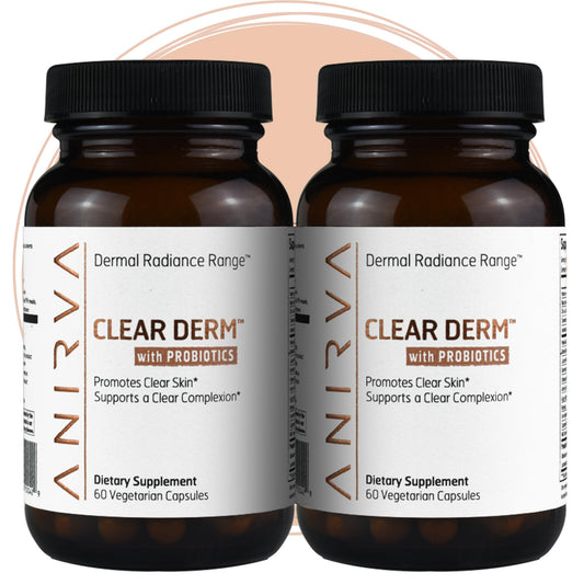 ANIRVA Clear Derm bottle front showing probiotic blend for clear skin.
