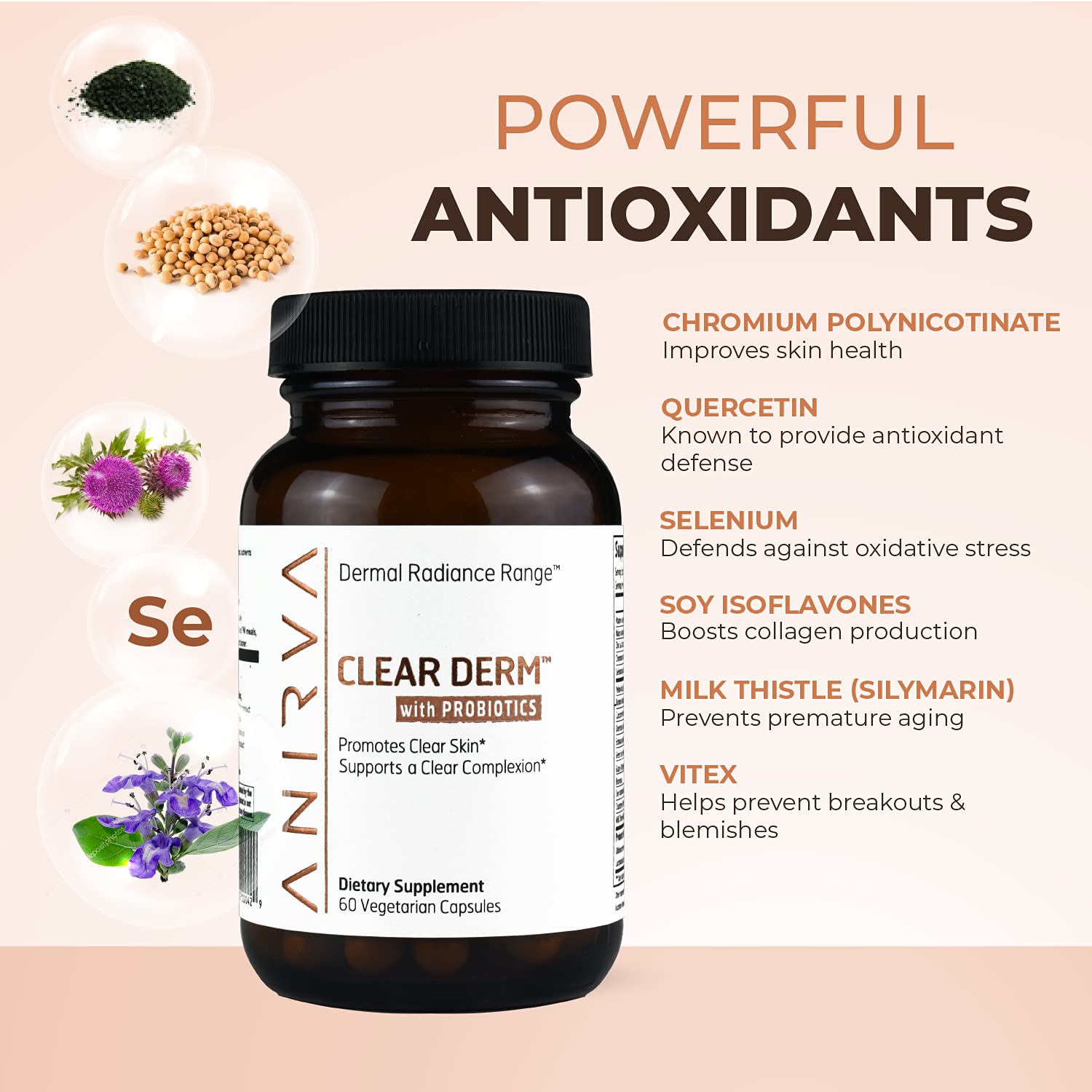ANIRVA Clear Derm gluten-free certification marks on bottle.