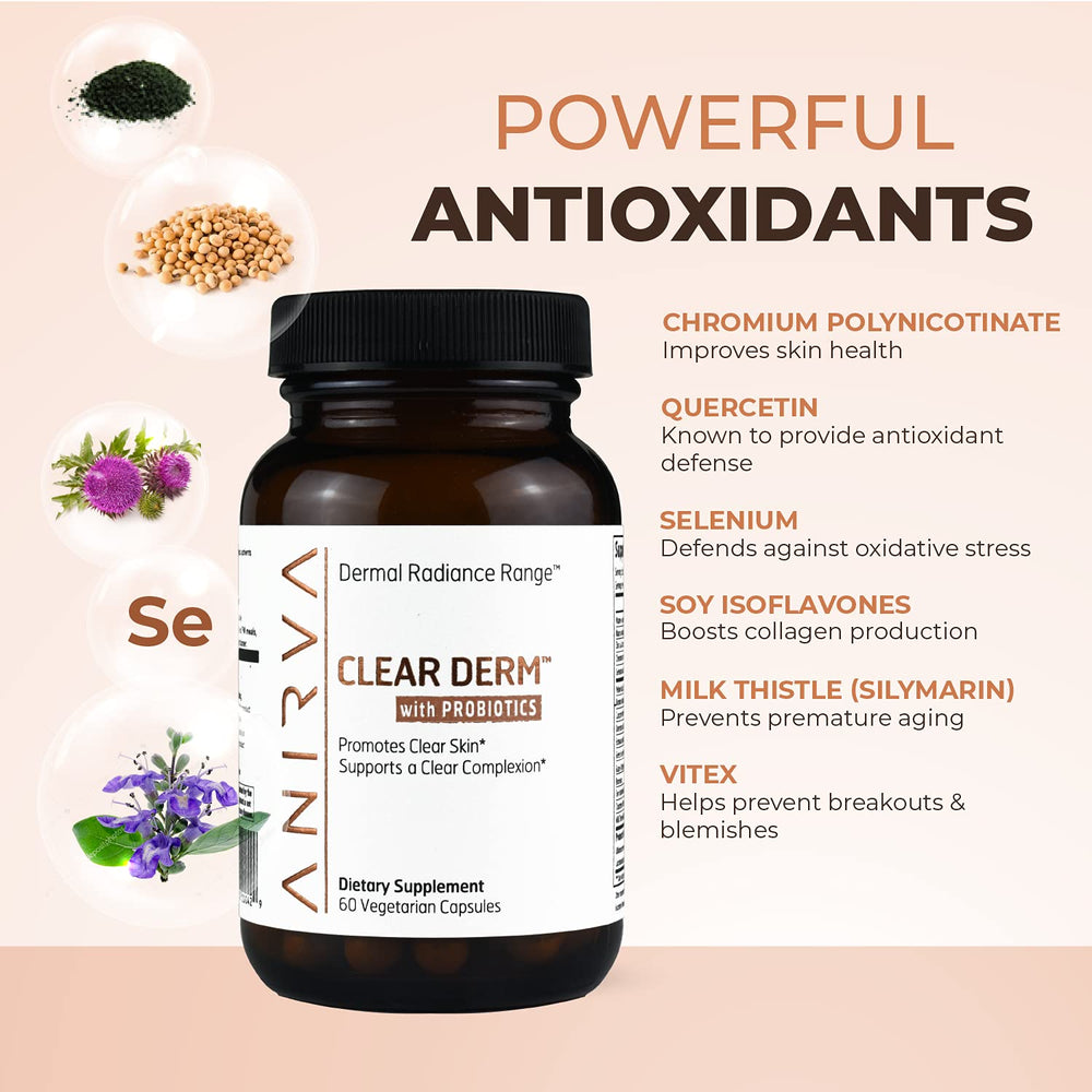 ANIRVA Clear Derm gluten-free certification marks on bottle.