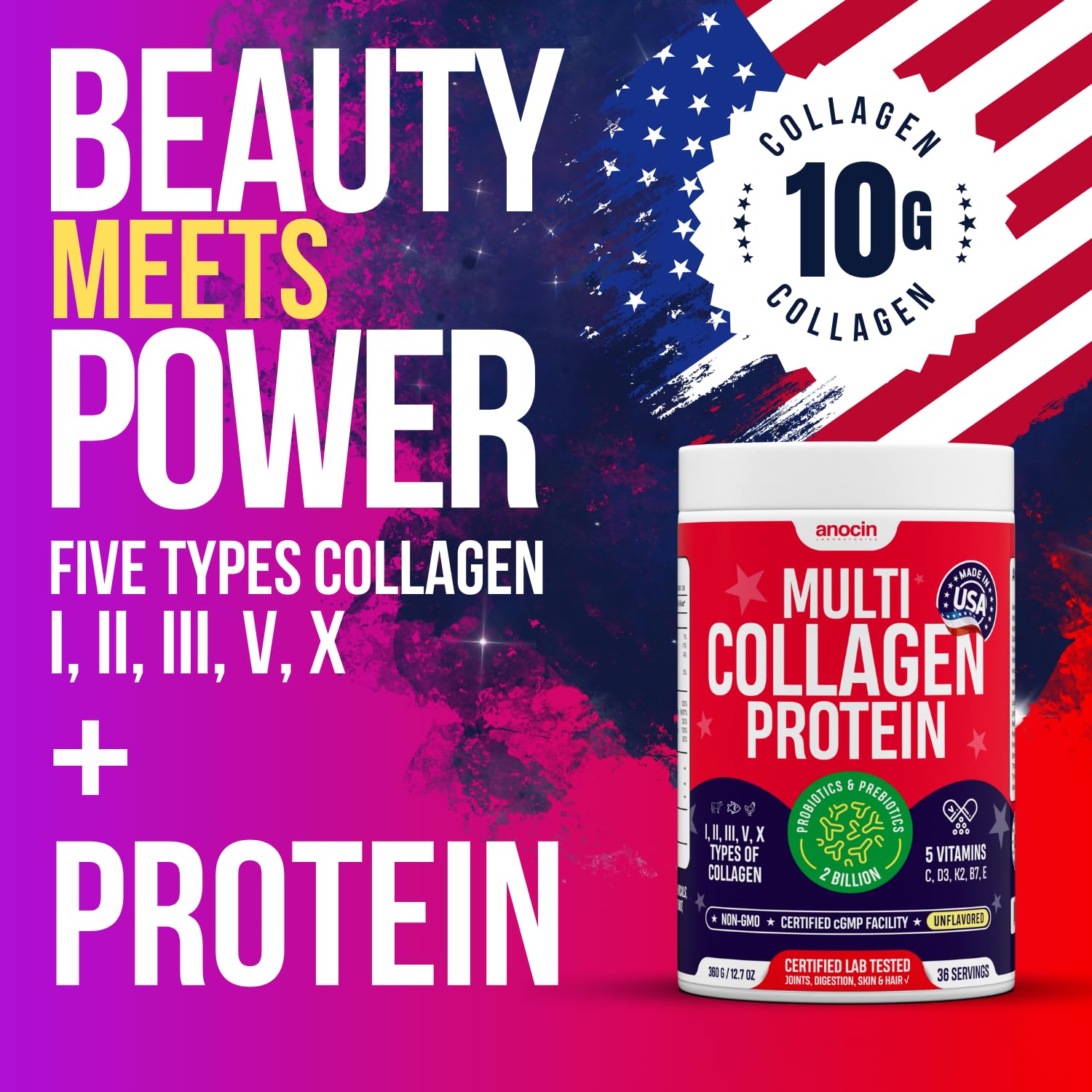 anocin collagen powder top view for easy unflavored mix into beverages