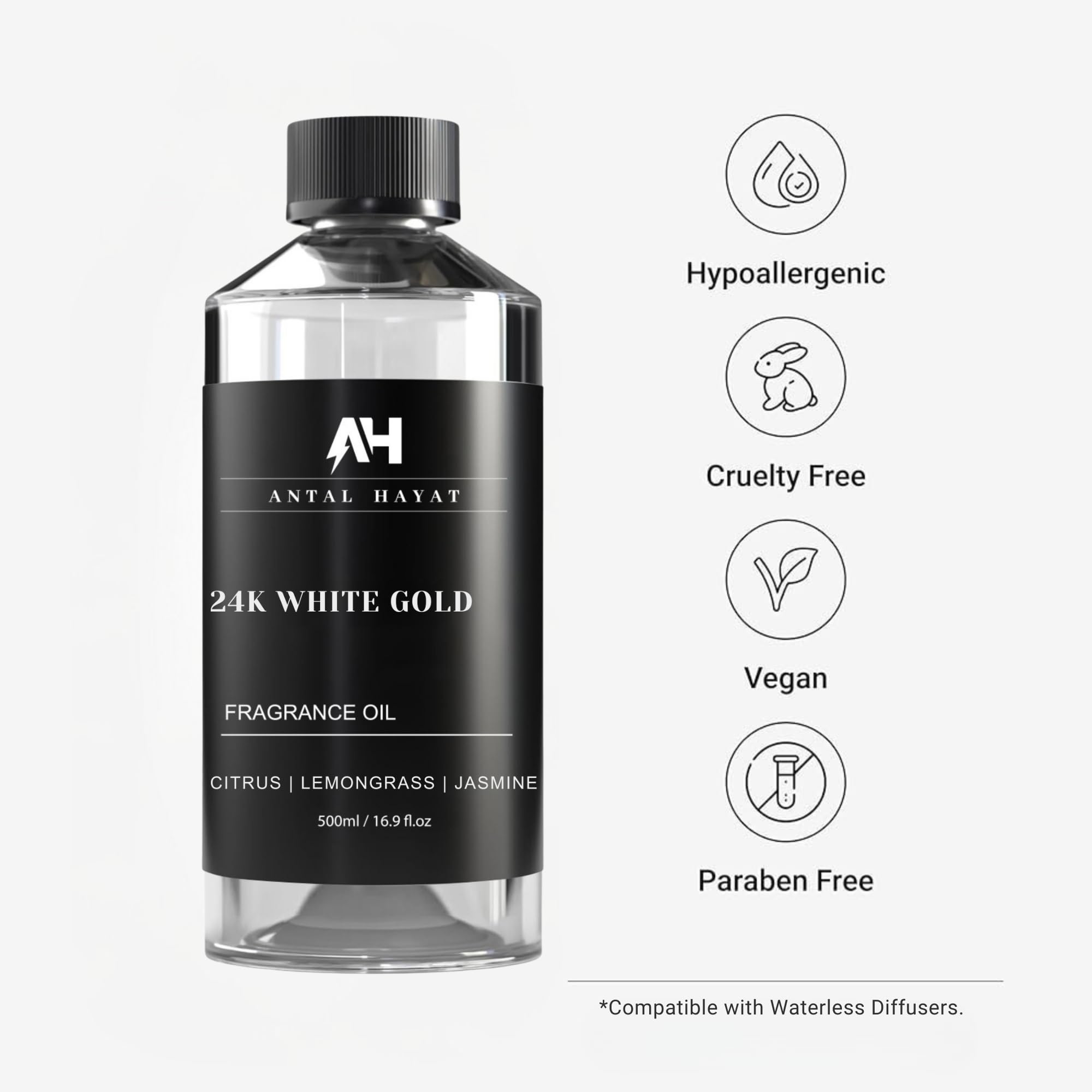 ANTAL HAYAT 24K Diffuser Oil closeup label highlights premium quality.