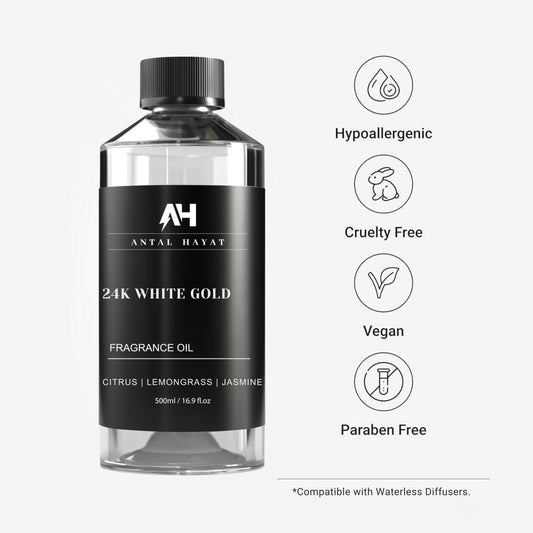 ANTAL HAYAT 24K Diffuser Oil closeup label highlights premium quality.
