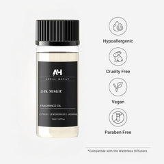ANTAL HAYAT 24K Magic diffuser oil 50ml cap close-up, precise diffusion for hotel-like rooms.
