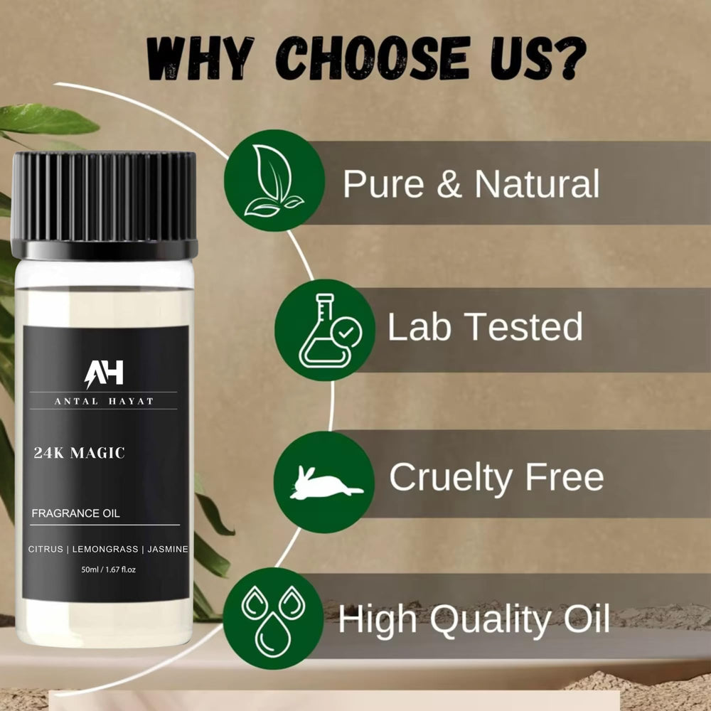 ANTAL HAYAT 24K Magic diffuser oil amber glass bottle, long-lasting fragrance for living areas.