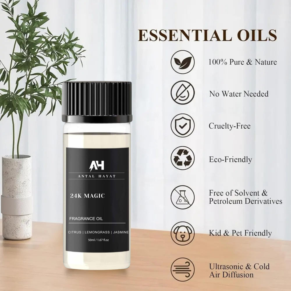 ANTAL HAYAT 24K Magic diffuser oil on diffuser stand, quick setup for spa-like ambiance.