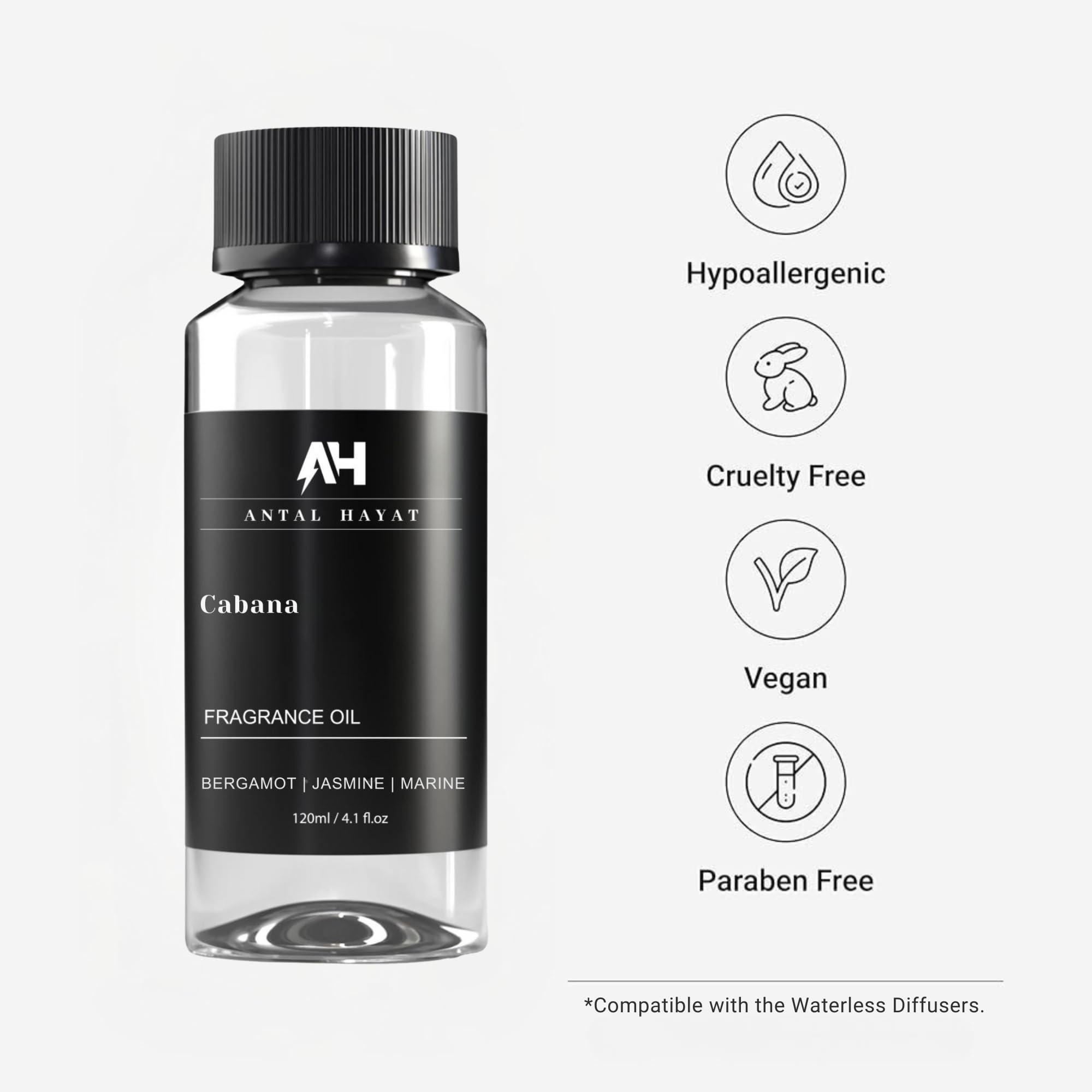 ANTAL HAYAT Cabana diffuser oil amber glass bottle close-up highlighting premium packaging.