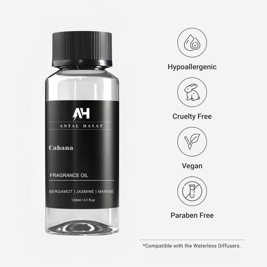 ANTAL HAYAT Cabana diffuser oil amber glass bottle close-up highlighting premium packaging.