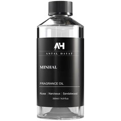 ANTAL HAYAT Minhal 500ml bottle highlights rose narcissus patchouli scent for luxurious spaces.