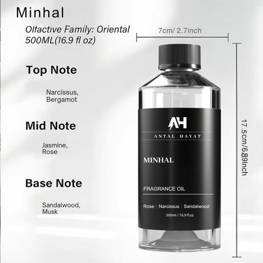 ANTAL HAYAT Minhal label closeup shows premium diffuser oil branding for quality notes.
