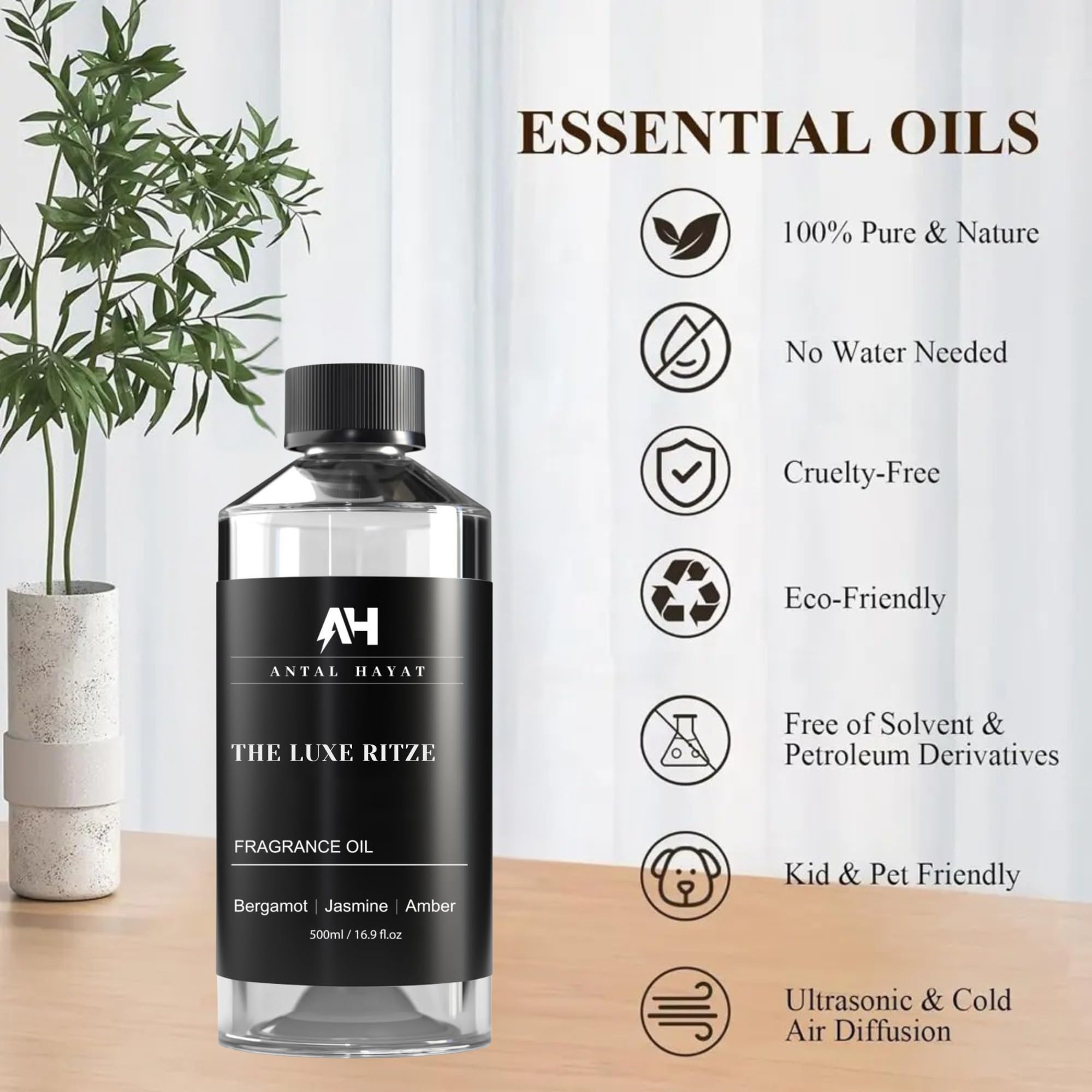 ANTAL HAYAT 500ml bottle on shelf emphasizes long-lasting hotel-grade scent in your space