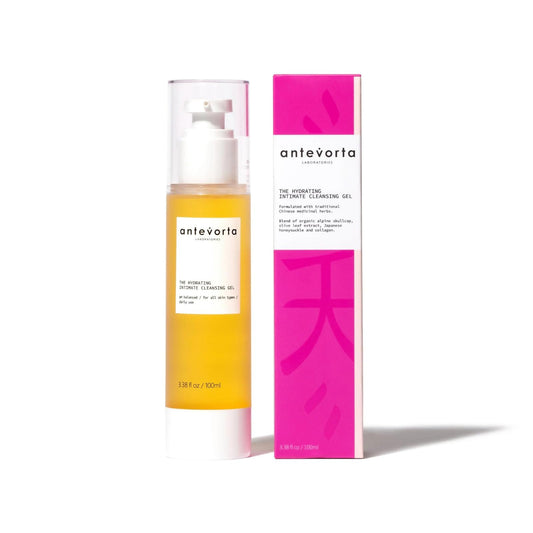 Antevorta Feminine Wash bottle pours a gentle gel for daily intimate care.