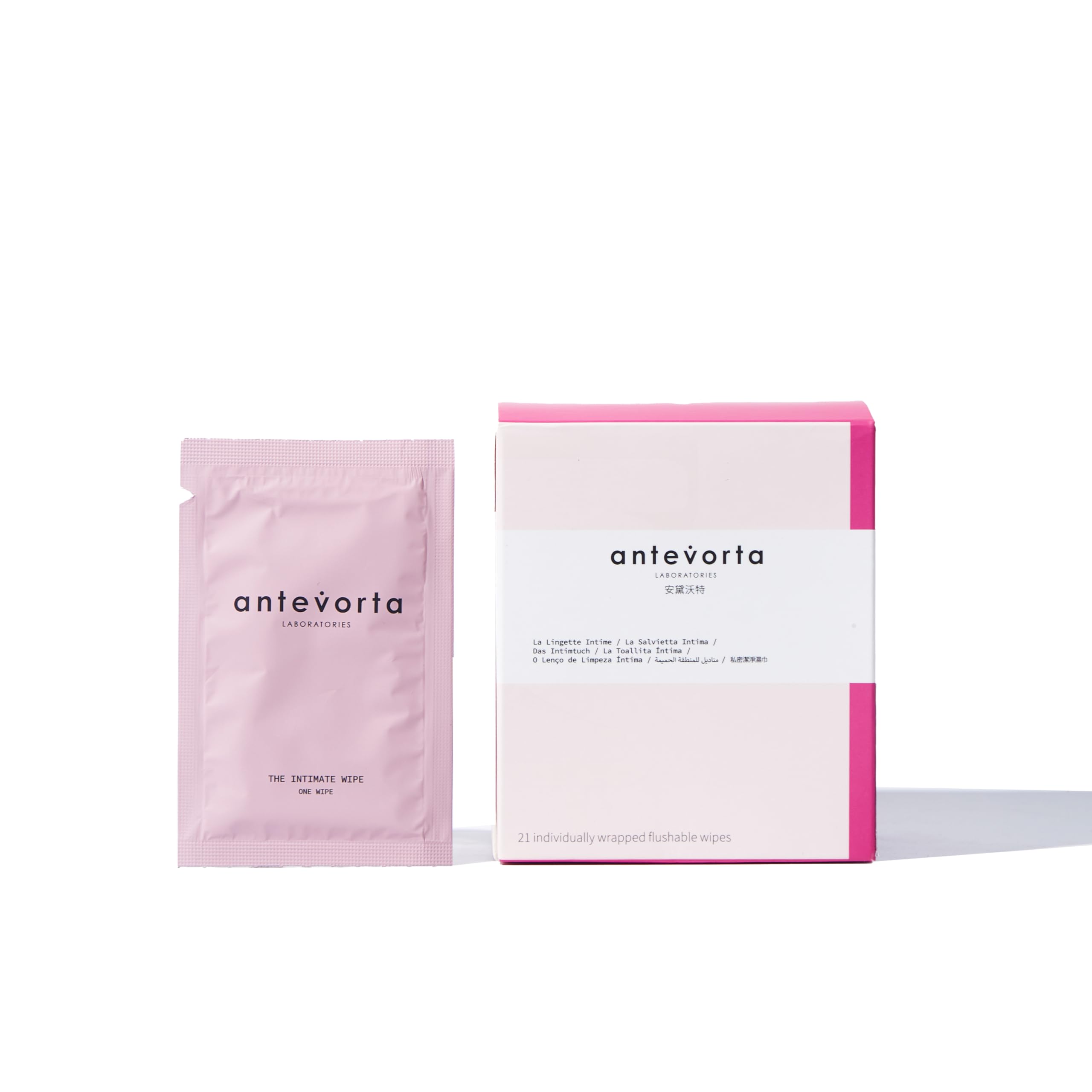 Antevorta feminine wipes pack-front for discreet freshness on the go.