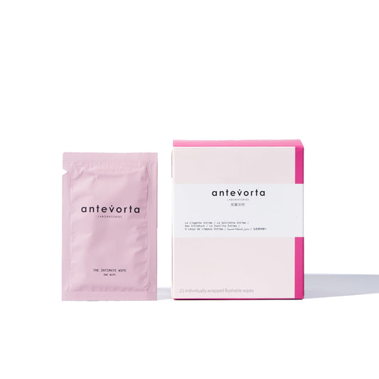 Antevorta feminine wipes pack-front for discreet freshness on the go.