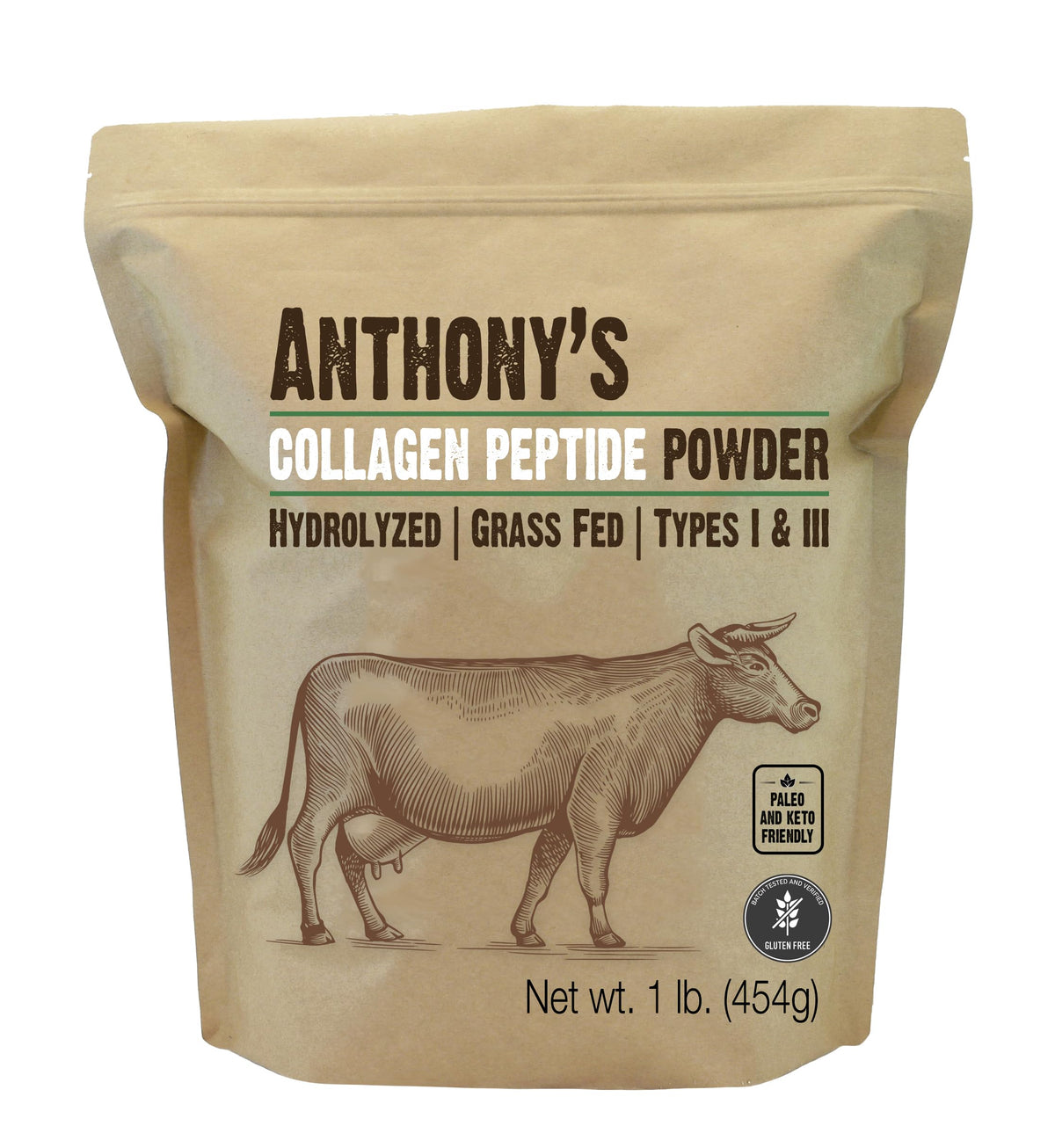 Anthony's Collagen Peptide Powder jar front showing pure protein labeling and unflavored formula