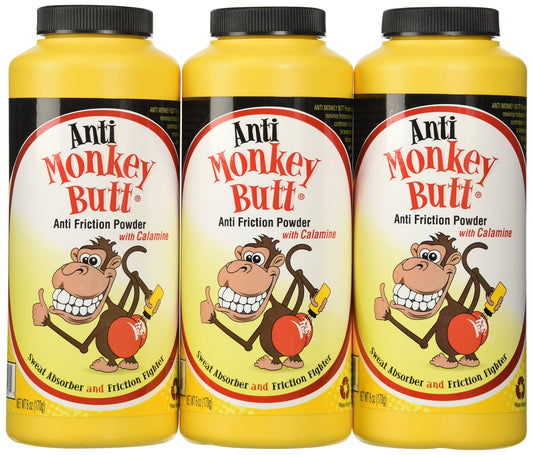 Anti-Monkey Butt powder with calamine bottle displayed for friction relief and sweat absorption