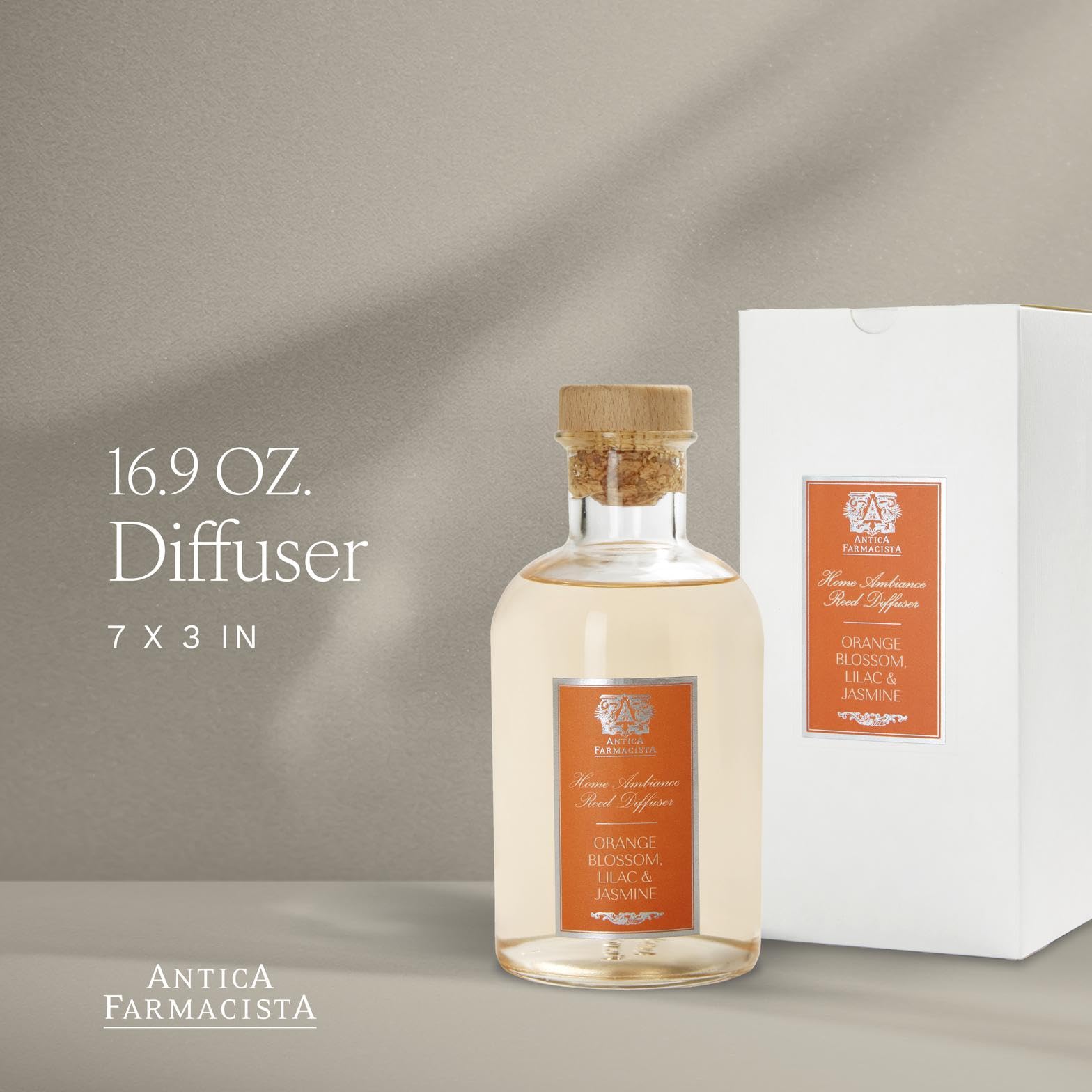 Antica Farmacista reed diffuser with glass vessel spreads sophisticated aroma throughout living spaces.