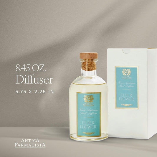Antica Farmacista elderflower fragrance bottle delivers bright, fresh notes throughout your space.