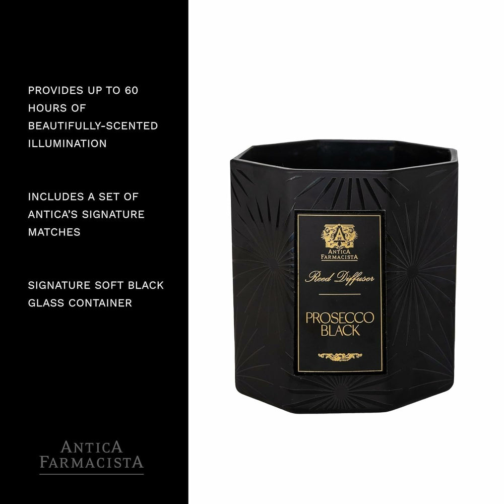 Antica Farmacista Prosecco Black decorative matches included with elegant presentation.