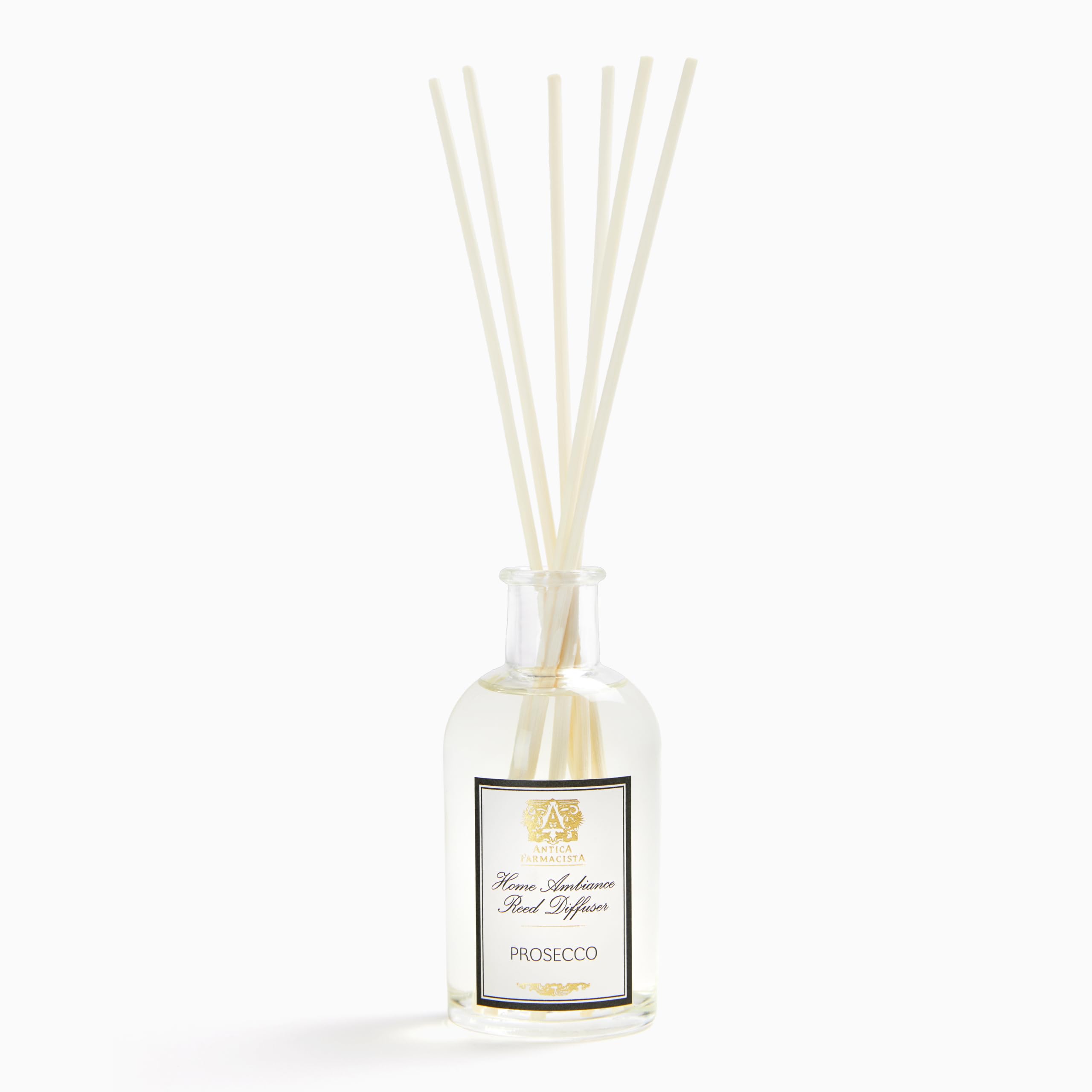 Antica Farmacista Prosecco reed diffuser bottle releasing citrus and floral notes to refresh spaces.