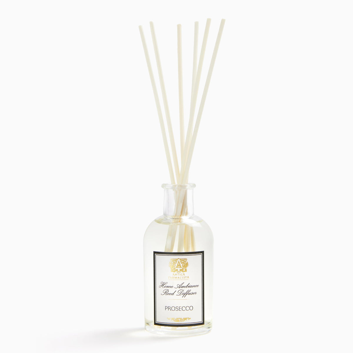 Antica Farmacista Prosecco reed diffuser bottle releasing citrus and floral notes to refresh spaces.