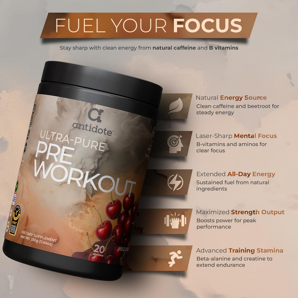 Antidote pre-workout scoop with glass ready to mix for focused training.