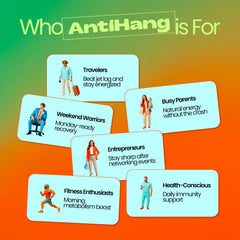 ANTIHANG morning immunity shot complements daily wellness and metabolism.