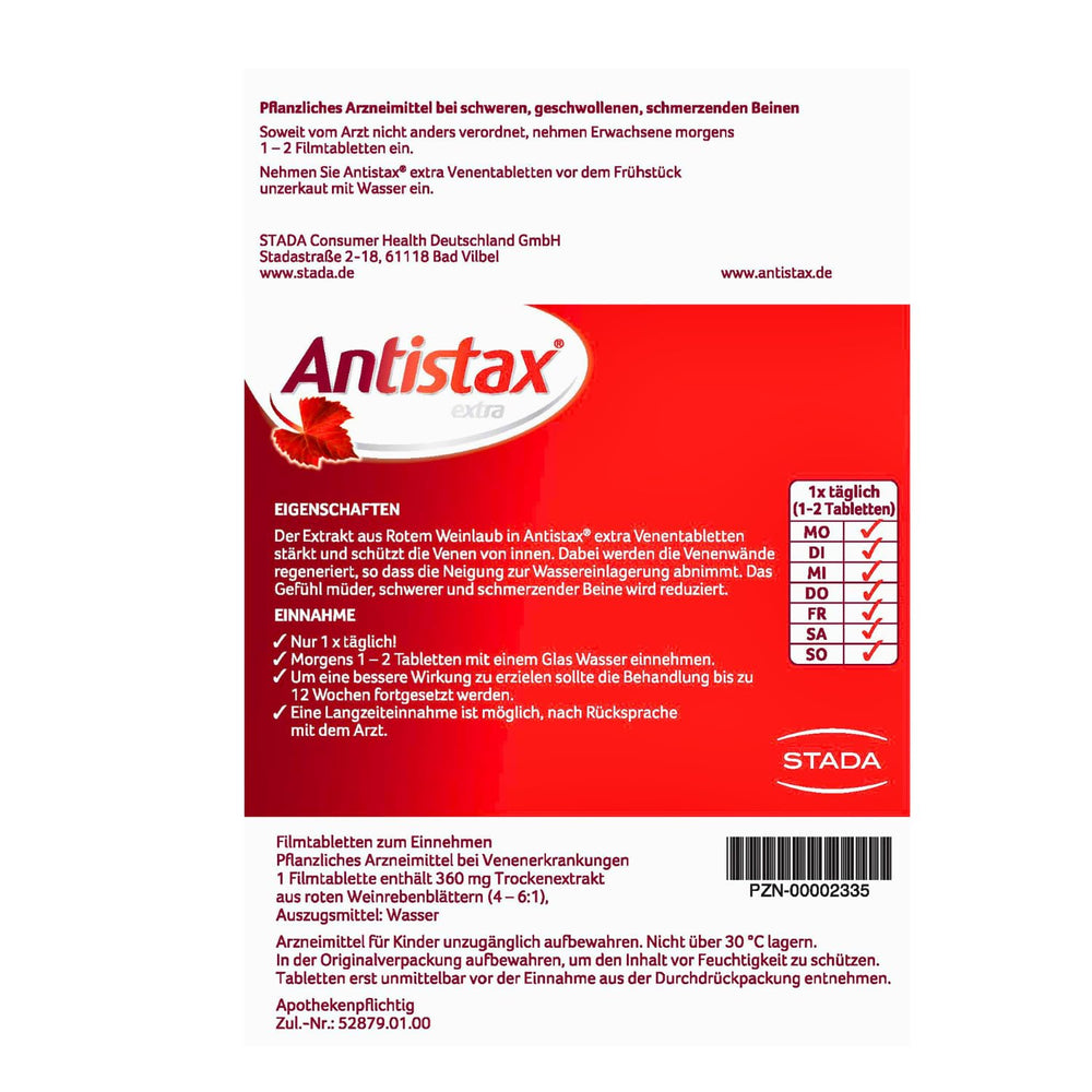 Antistax brand emblem on label, signals a premium herbal daily option.