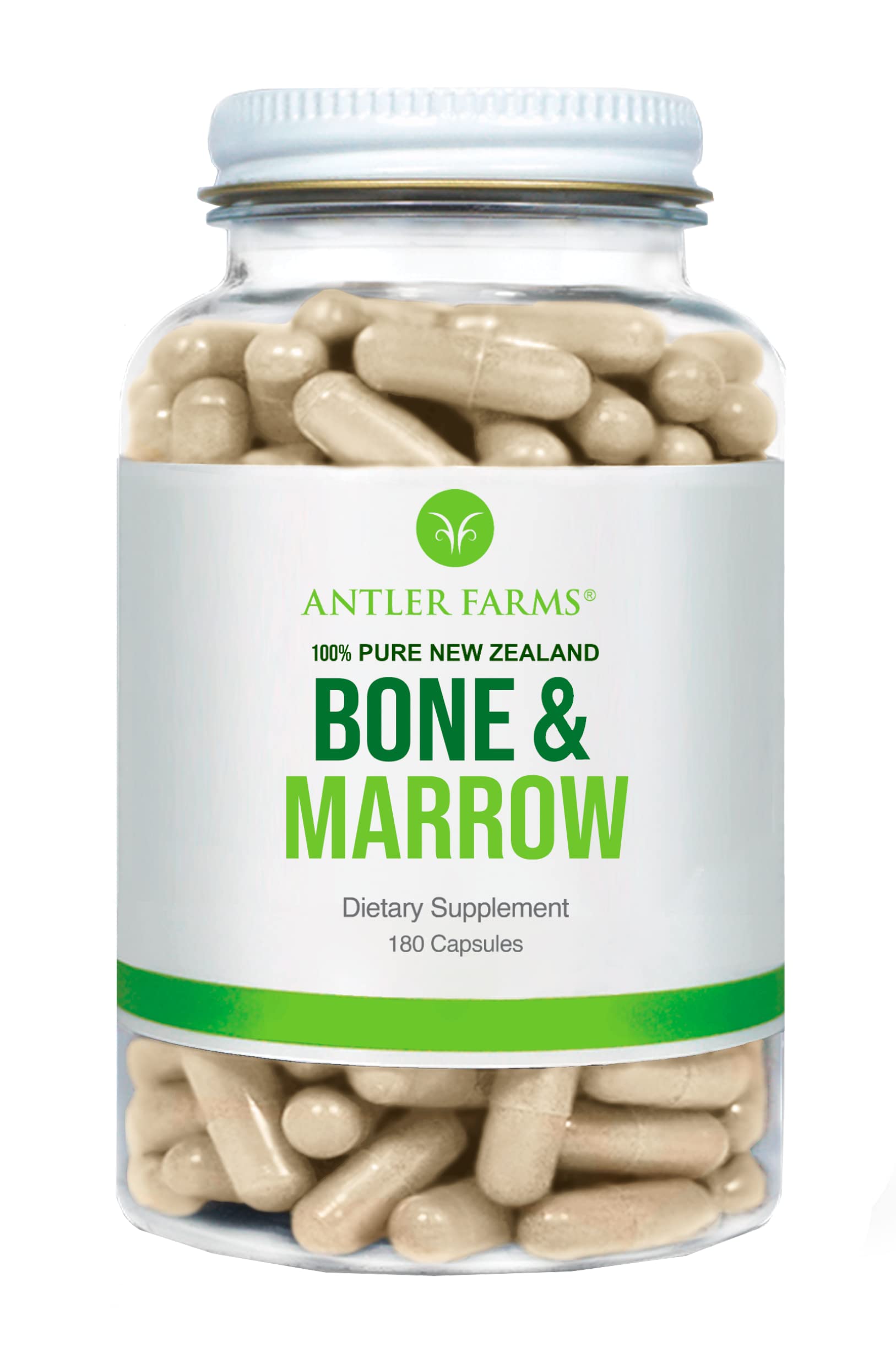 Antler Farms bone marrow capsules pack shot highlighting grass-fed NZ origin and nutrient-dense formula.