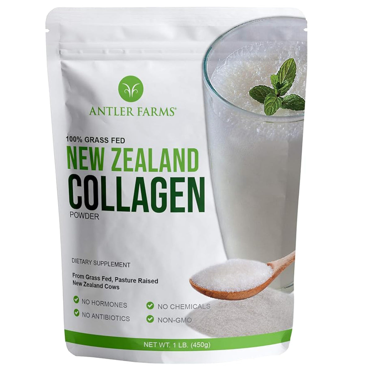 Antler Farms collagen powder jar on a kitchen counter, pure grass-fed protein source.