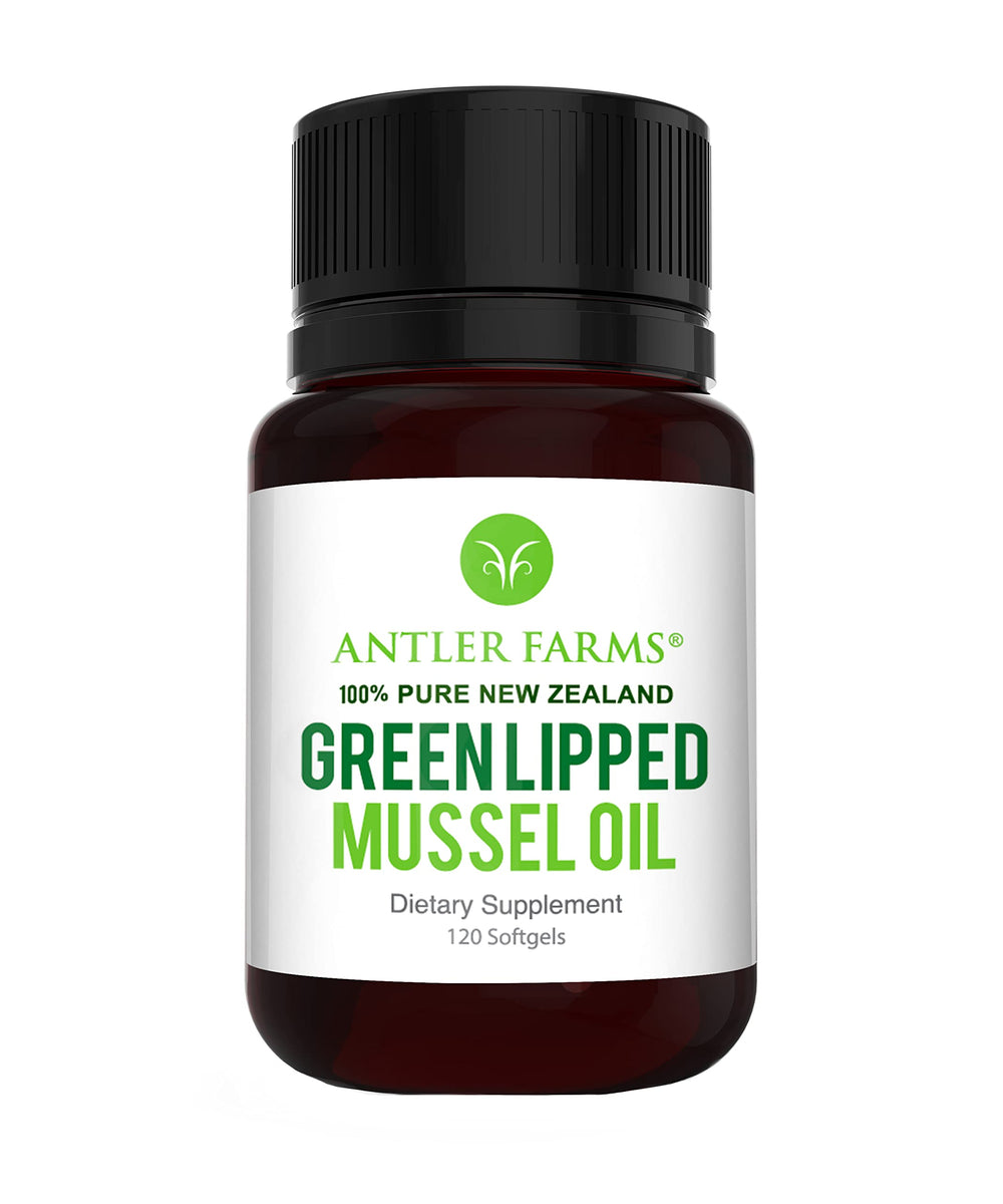 Antler Farms green lipped mussel oil bottle close-up, premium NZ extract for daily wellness.