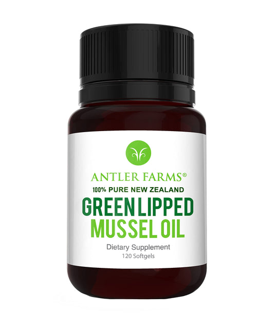 Antler Farms green lipped mussel oil bottle close-up, premium NZ extract for daily wellness.