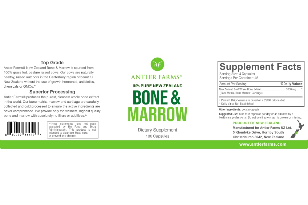 Antler Farms NZ grass-fed bone marrow bottle, freeze-dried to preserve nutrients and bioactivity.