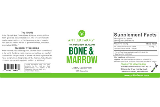 Antler Farms NZ grass-fed bone marrow bottle, freeze-dried to preserve nutrients and bioactivity.