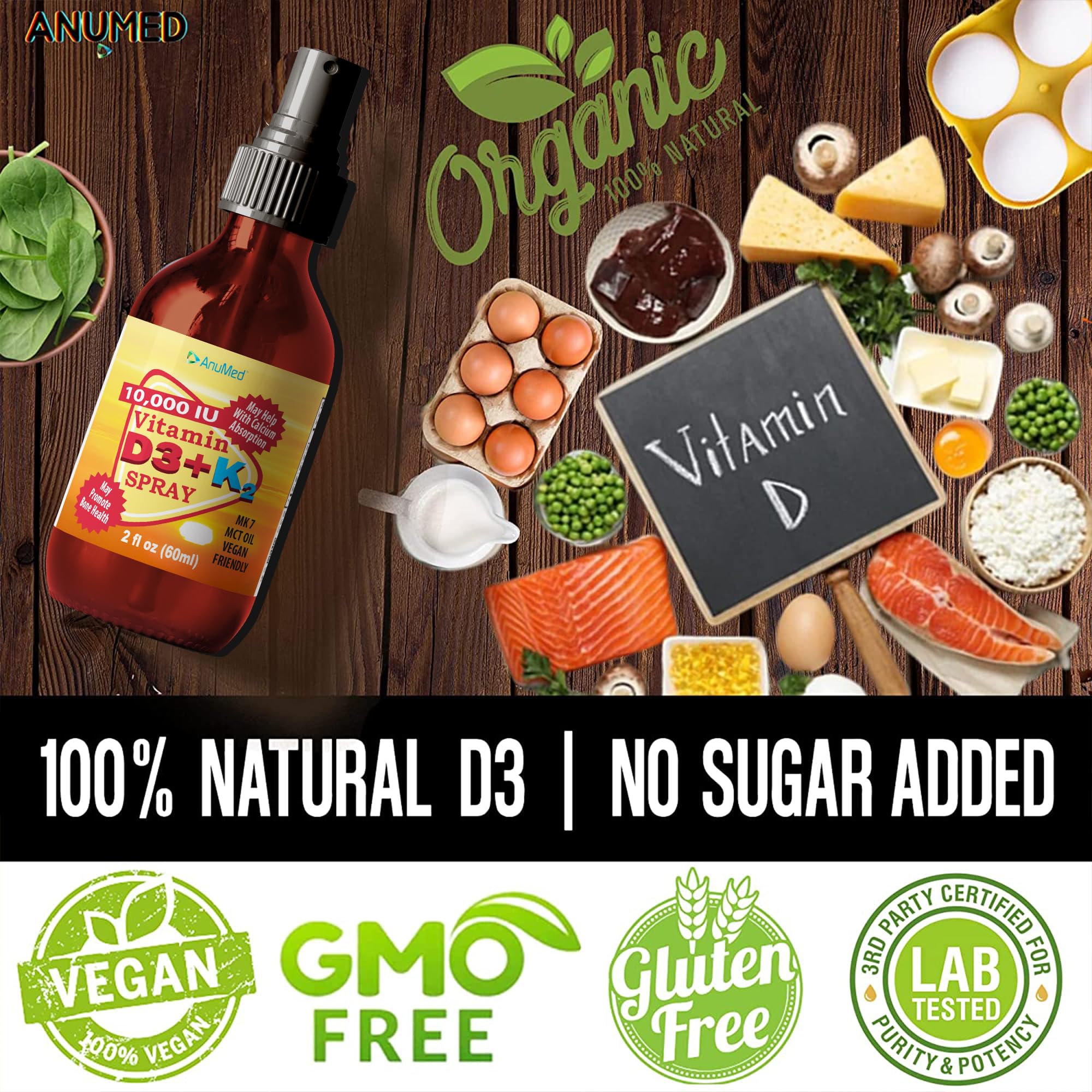 AnuMed vegan, non-GMO, gluten-free label highlights clean ingredients.