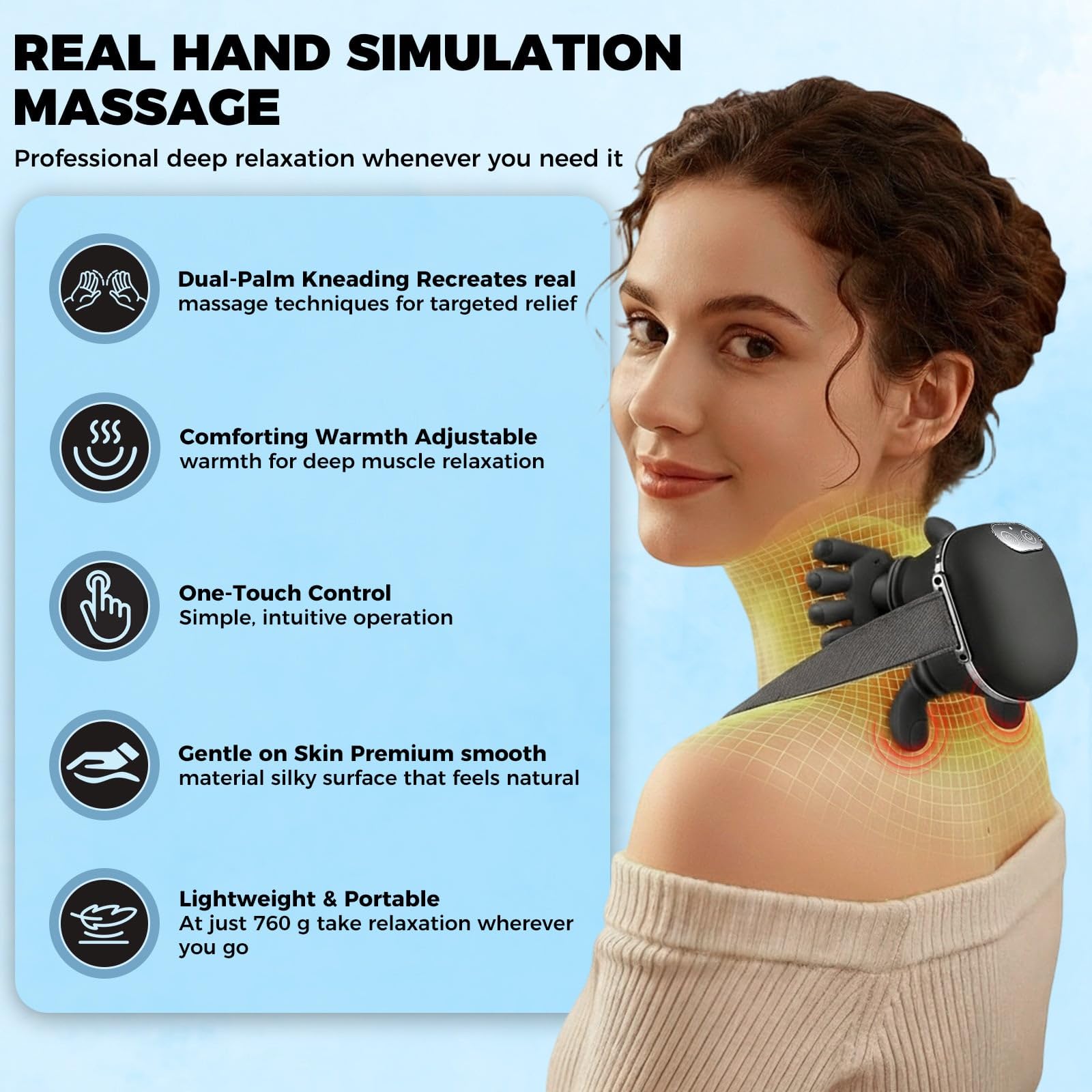 ANUWEO massager shows heat settings for customizable warmth during use.