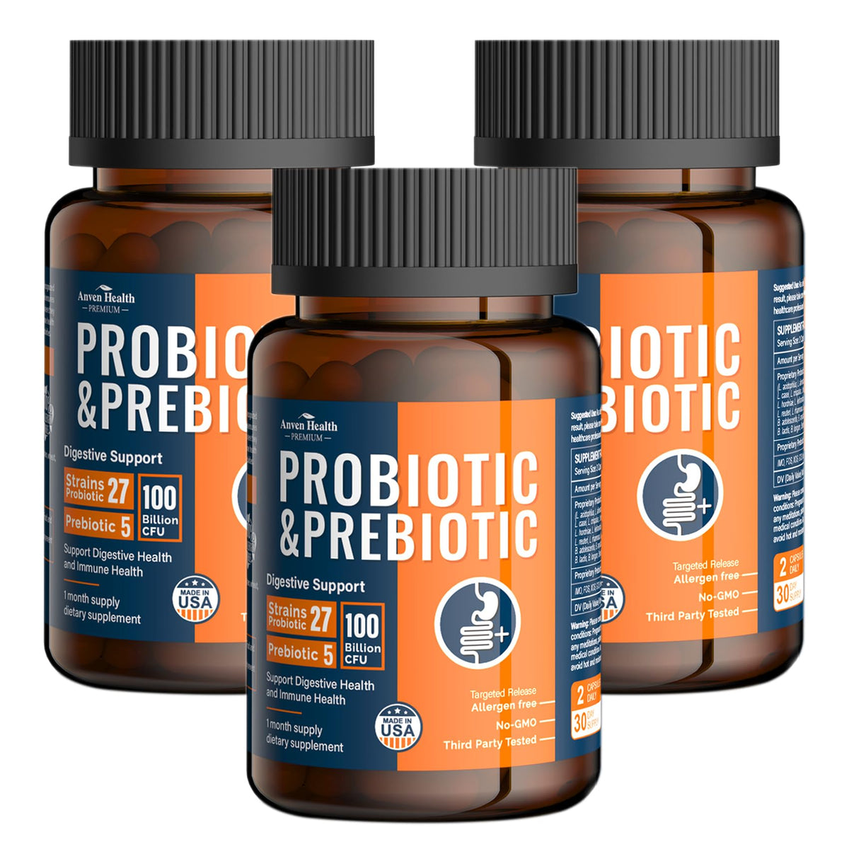Anven Health 100 Billion Probiotics bottle promotes daily gut balance and comfort.