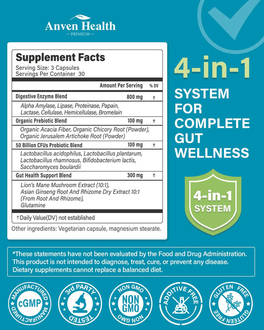 Anven Health 50b CFU probiotic bottle promotes daily gut flora balance.