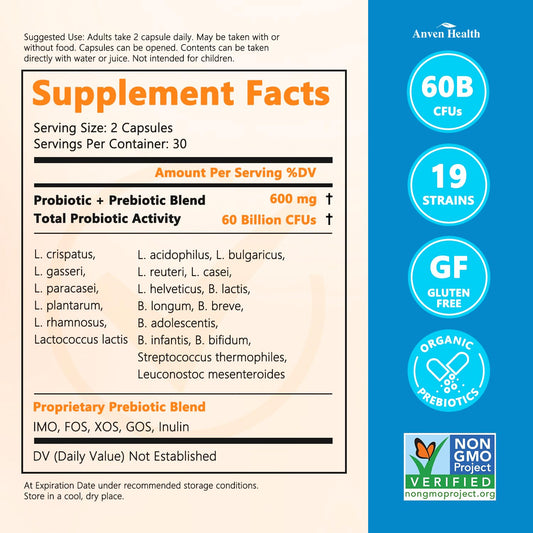 Anven Health bottle back label highlights ingredients for digestive balance.
