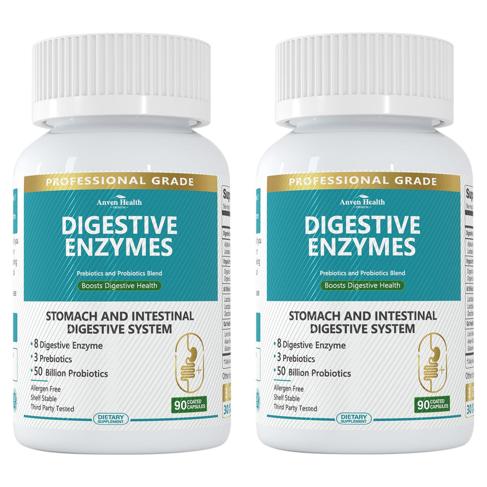 Anven Health digestive enzymes bottle demonstrates a full-spectrum blend for gut comfort.