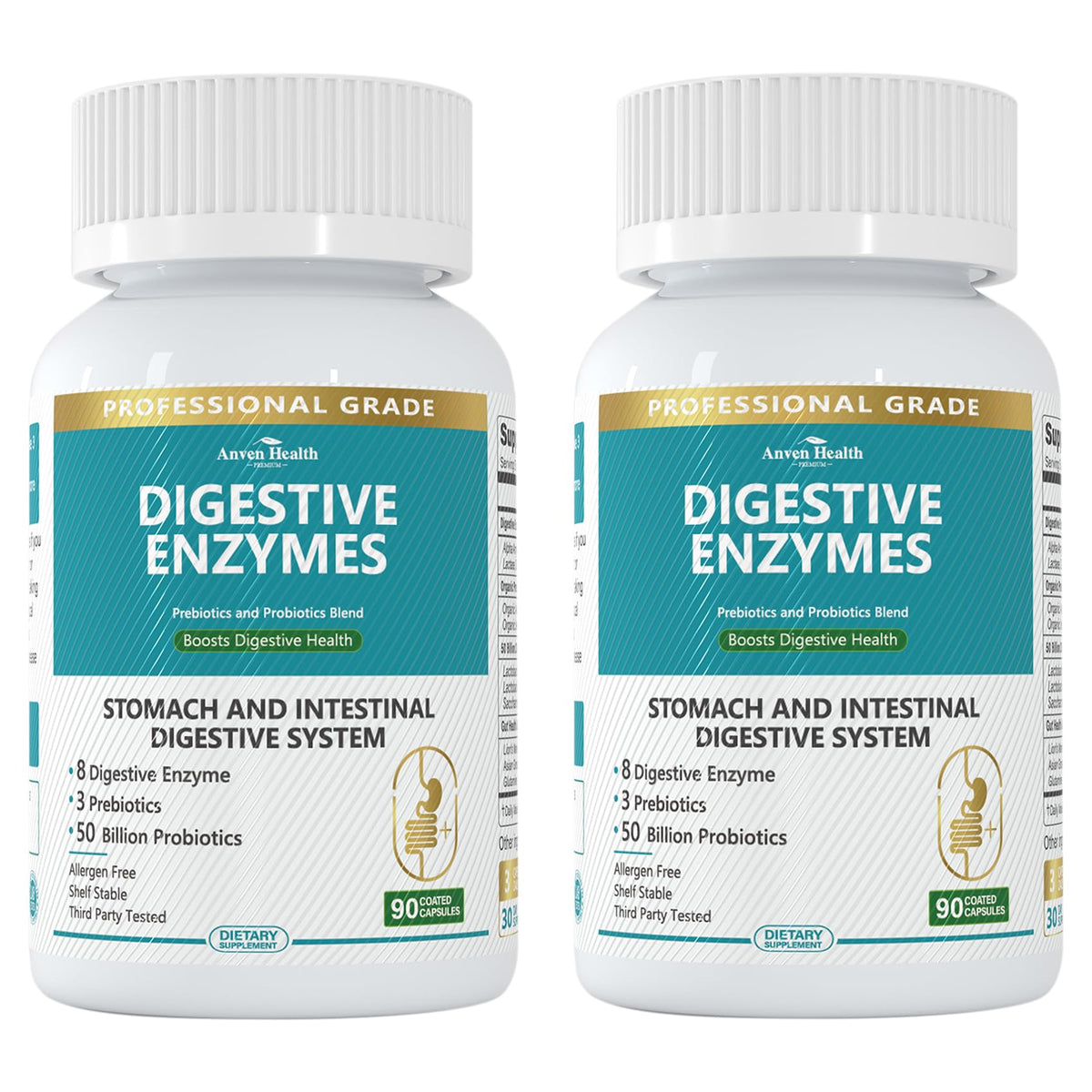 Anven Health digestive enzymes bottle demonstrates a full-spectrum blend for gut comfort.