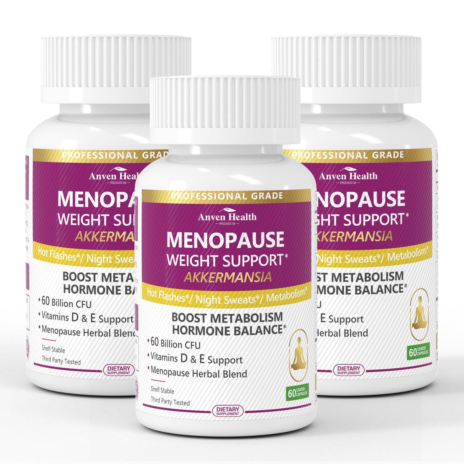 Anven Health Menopause bottle front label highlighting 60B probiotic formula for gut support