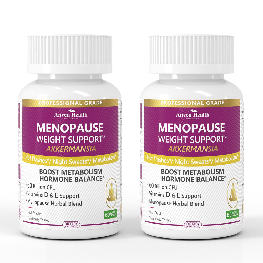 Anven Health Menopause bottle label signals a trusted non-GMO formula for balance.