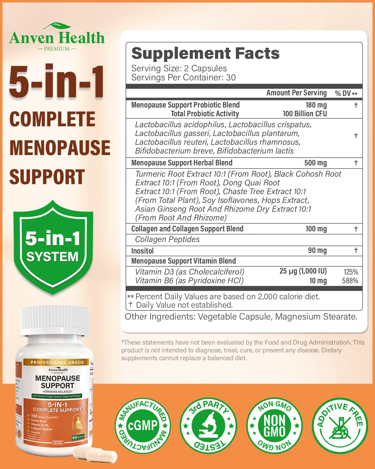 Anven Health menopause herbal blend bottle aims to ease hot flashes and mood