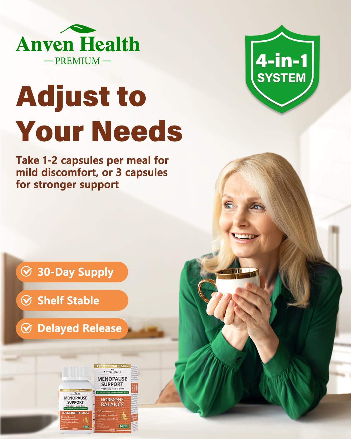 Anven Health hot flashes relief bottle image suggests calmer daytime moments
