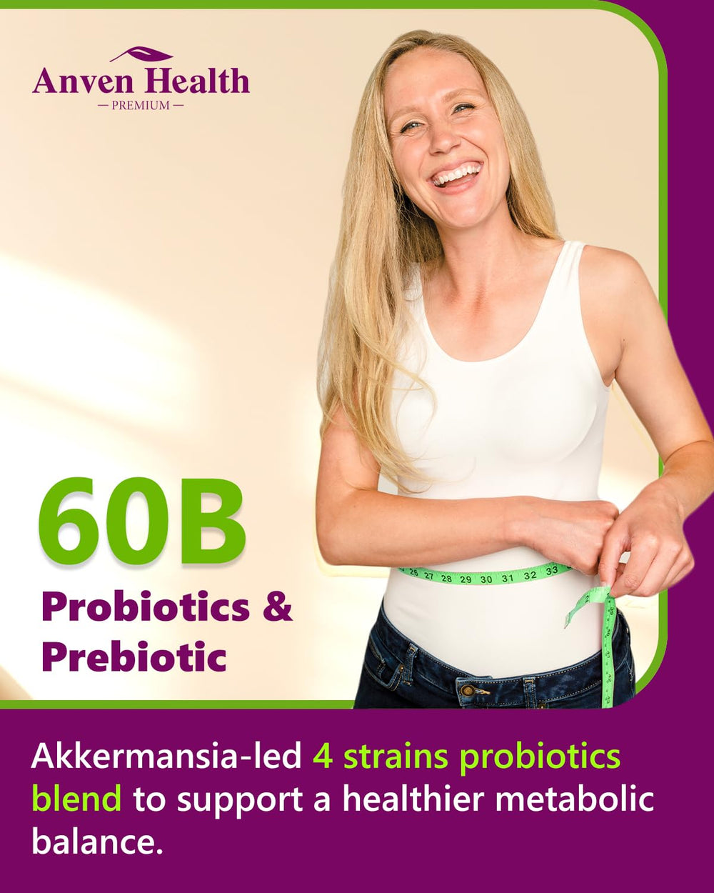 Anven Health Menopause probiotic blend highlights Akkermansia and gut support.