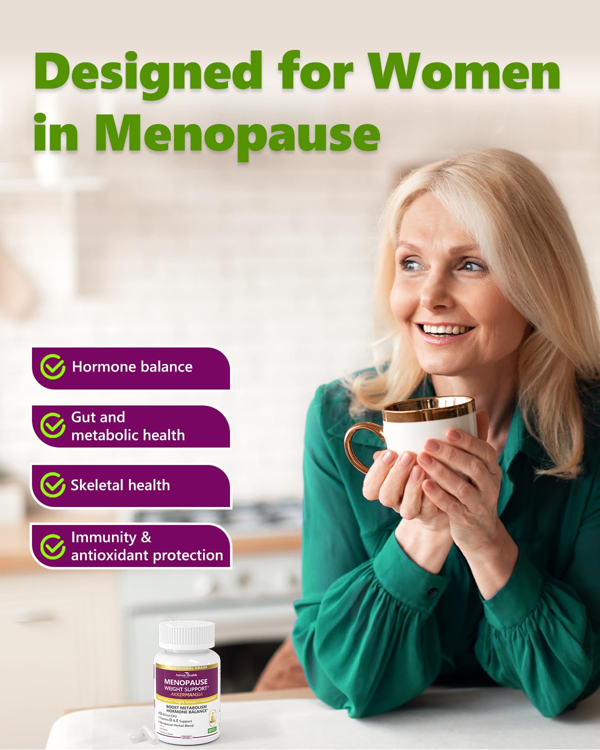 Anven Health Menopause bottle with vitamin D and E ingredients