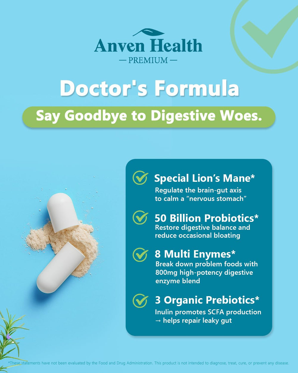 Anven Health Organic Lion’s Mane capsules highlight gut-brain axis support.